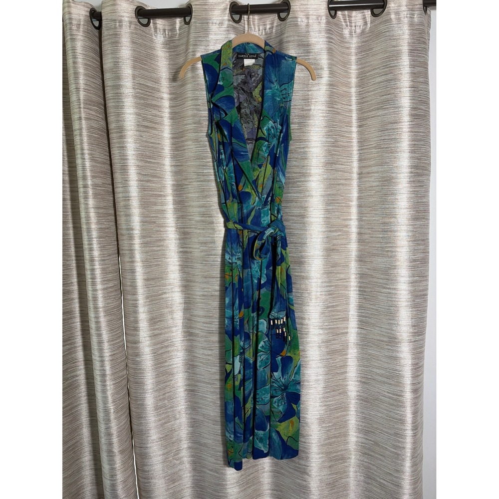 Carole Little Vintage Floral Maxi Dress Blue Green Rayon Sleeveless Size 8 Y2K